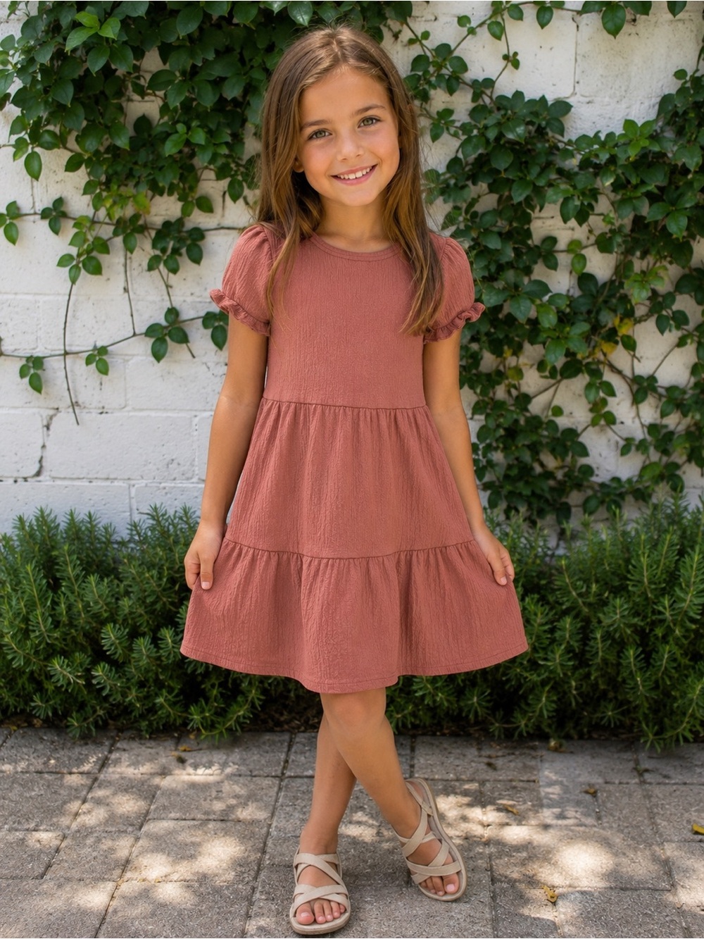 Primark Girls dusty rose Tiered Ruffle-Sleeve Dress